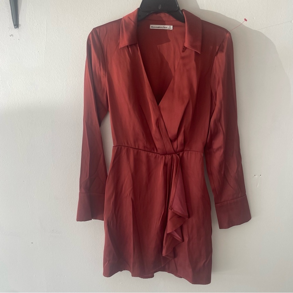 Abercrombie & Fitch Rust Red Long Sleeve Faux Wrap Mini Dress 27081 - Picture 2 of 10